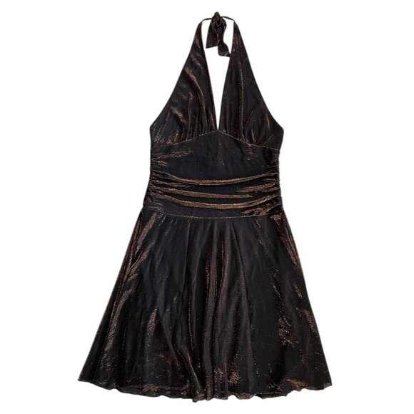 Vintage Y2K Metallic Halter Ruched Mini Dress Bronze Large Glam Party Holiday - Picture 1 of 8